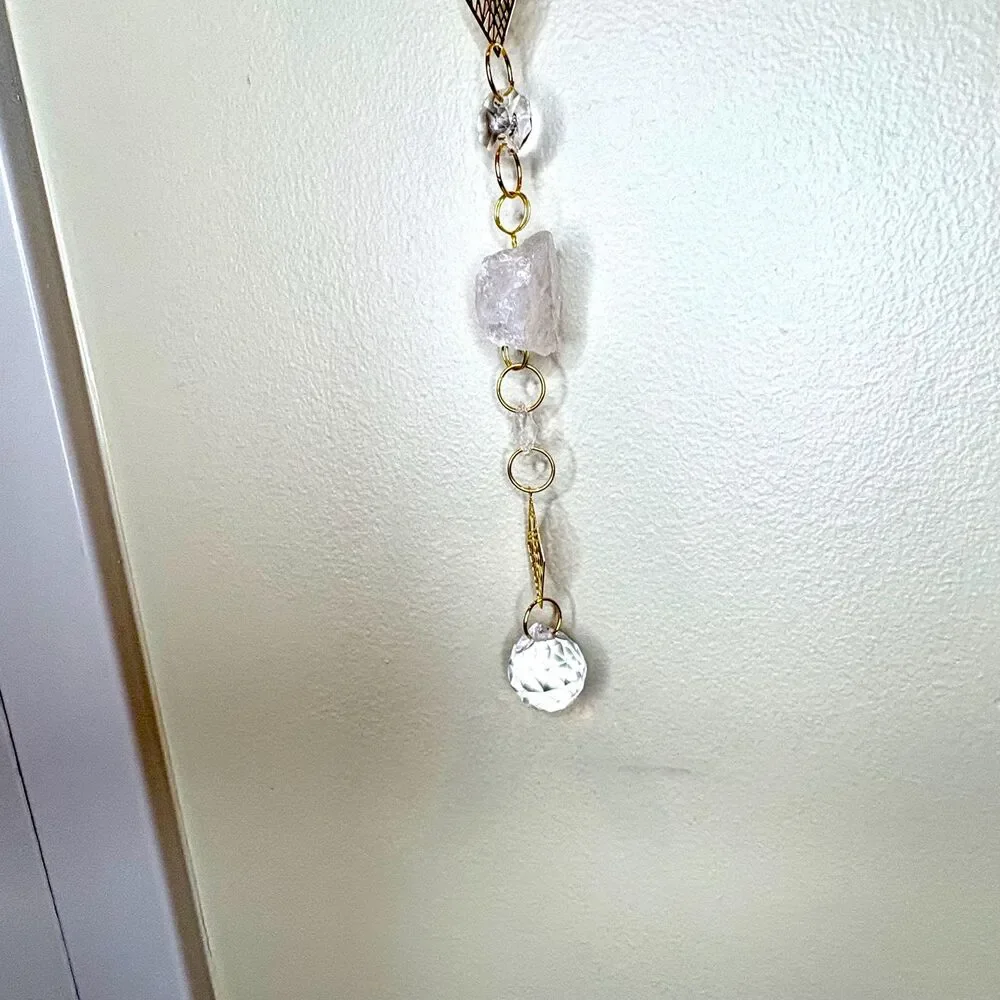 Raw Amethyst, Rose Quartz, Crystal Quartz Gemstone Wall Hanging, Crystal Prism